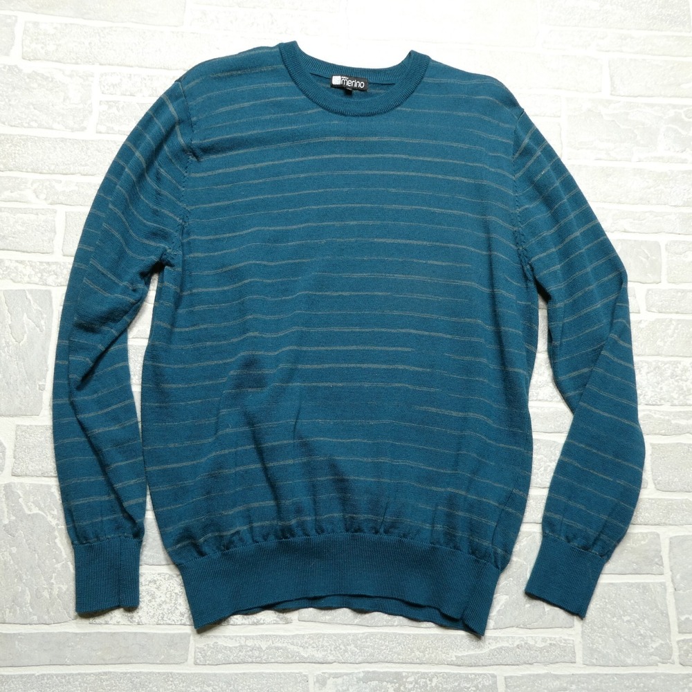 Purely‎ Merino Australian Wool Sweater Mens XL Green Striped Midweight Crewneck